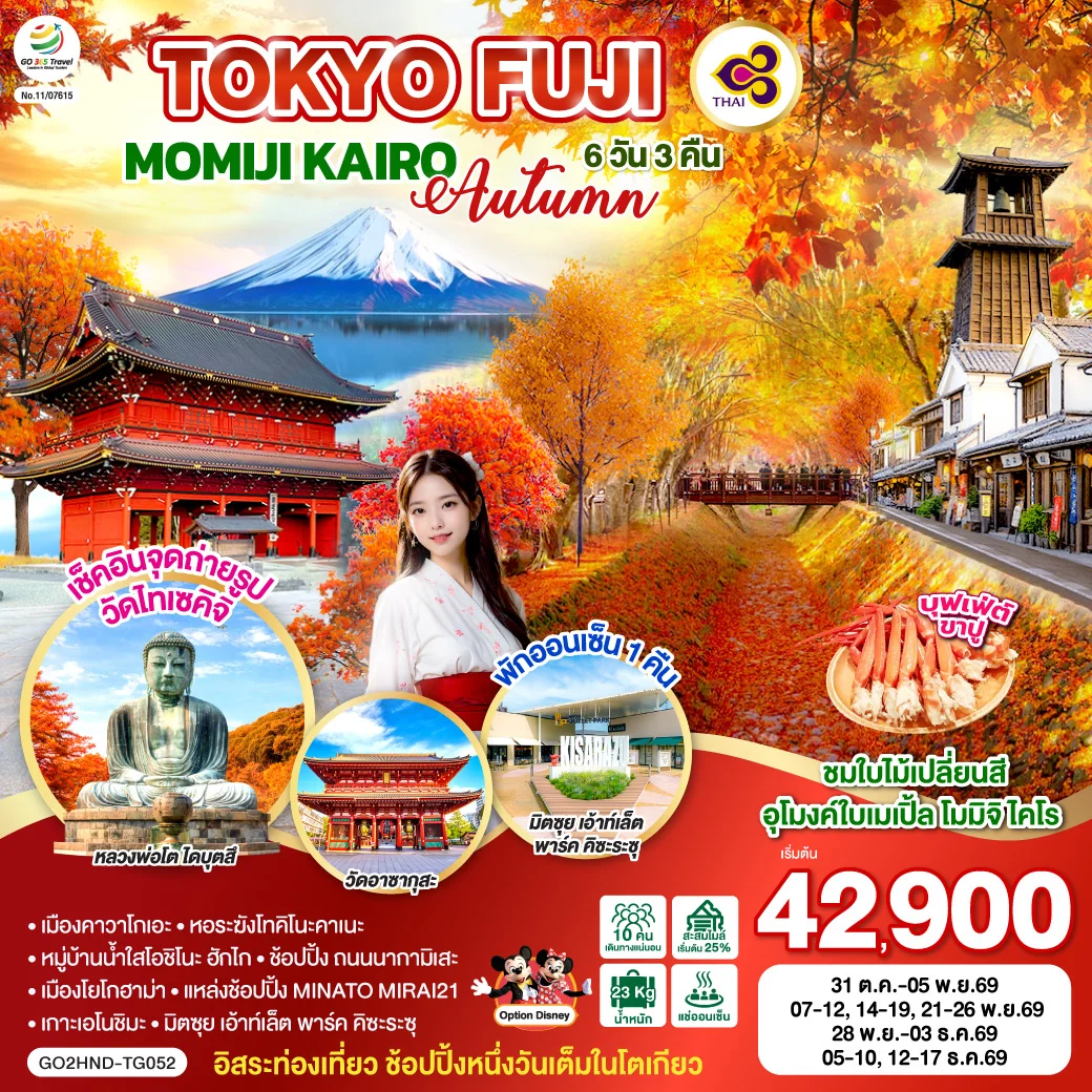 ทัวร์ญี่ปุ่น TOKYO FUJI MOMIJO KAIRO AUTUMN 6วัน 3คืน (TG)